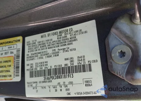 2019 Ford Fusion Sel from USA, damaged, VIN 3FA6P0CD8KR181913